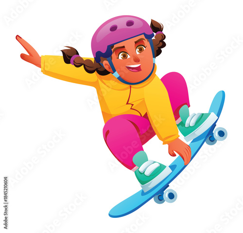Young girl wearing helmet and jacket playing skateboard, executing a crouched jump trick with arms bent on white background isolated. Vector cartoon illustration