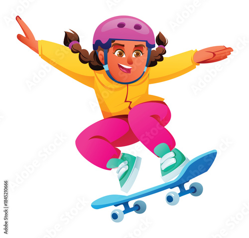 Young girl playing skateboard, wearing helmet and jacket performing a high jump with arms open for maximum balance isolated. Vector cartoon illustration