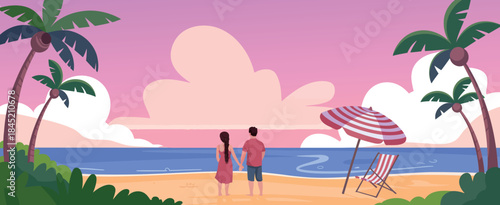 Romantic Ocean Day Beach View with Couple in Love and Palm Trees Illustration