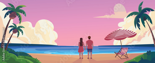 Sunny Beach Seashore Scene with Loving Couple and Palm Trees