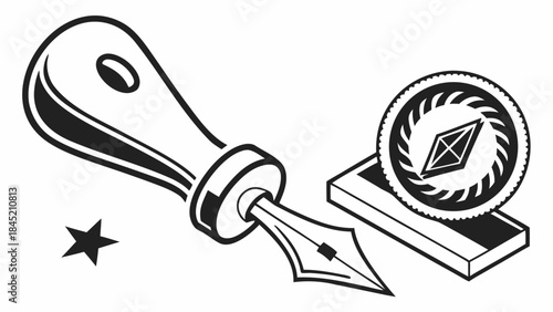 Creative Pen, Coin & Star Icon. Writing & Design Tool