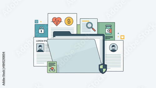 digital security and data protection concept with file folder and icons illustrating safety and