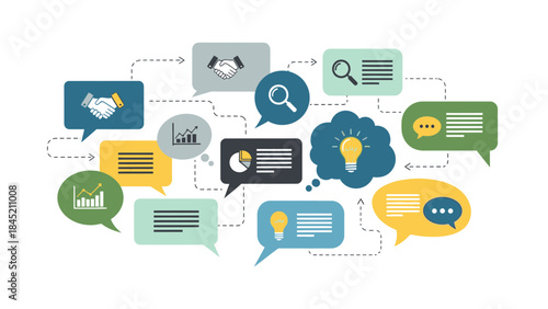 Dynamic network of interconnected communication bubbles with icons and symbols representing ideas
