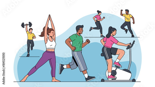 Dynamic Illustration of Diverse People Engaged in Various Fitness Activities in a Modern Gym Setting