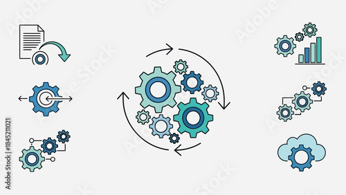 Dynamic infographic illustrating interconnected gears symbolizing process automation and system