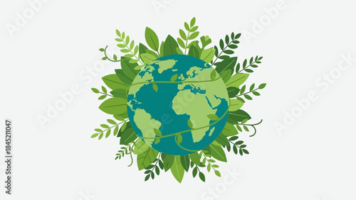 Earth Encircled by Diverse Green Leaves Emphasizing Environmental Harmony and Sustainability