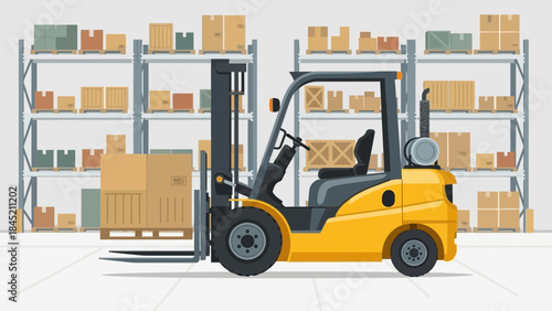 Efficient warehouse operations with a modern yellow forklift moving pallets among organized shelves