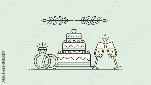 Elegant Celebration Scene Featuring Wedding Rings, a Tiered Cake and Clinking Glasses on Soft