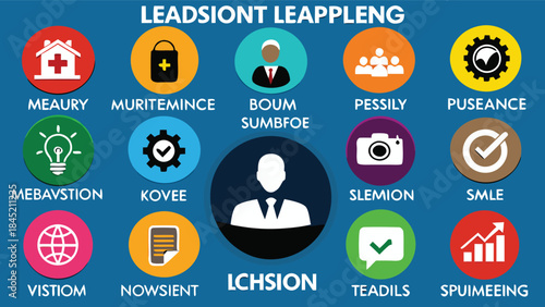 Collection of colorful icons representing various business concepts and services on a blue background.