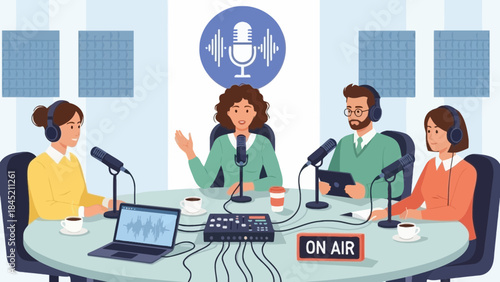 engaging podcast discussion with diverse hosts in a professional studio setup