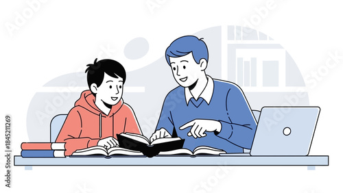 Engaging and supportive teacher assisting a young student with homework at study table