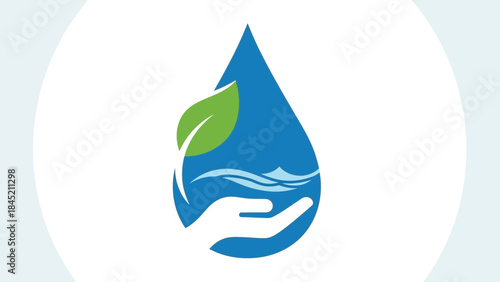 Environmental Conservation Icon Depicting Water Drop with Leaf and Hand Symbolizing Nature