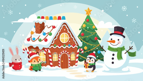 Festive winter holiday scene with decorated gingerbread house, cheerful snowman, adorable animals