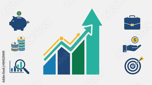 Financial Growth and Investment Strategies with Business Icons and Upward Trend Graph