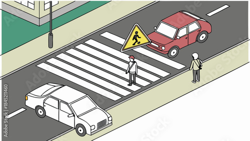 Pedestrian crossing street safely with cars stopped at crosswalk and warning sign