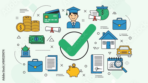 financial planning and investment management icons including money, documents, and a graduate