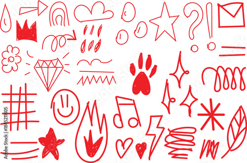 collection of red hand-drawn doodles, which are available as stock illustrations for creative projects. 