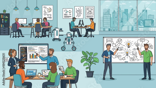 Futuristic Technology and Innovation Hub with Collaborative Workspace and AI Robots