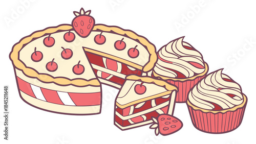 Delicious strawberry pie and cupcakes, a delightful dessert spread for celebrations and sweet cravings.