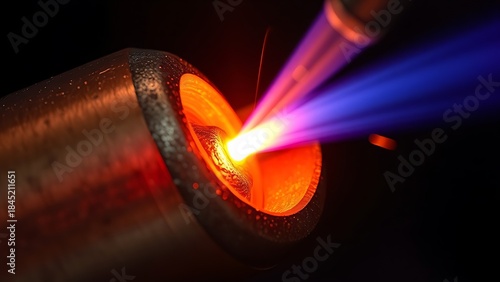 accuser. Extreme close-up of copper pipe joint with molten silver brazing. safety posters, maintenance manuals, designed for precision metalworking and fabrication facilities.