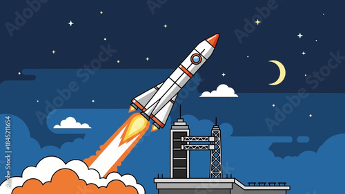 Futuristic Rocket Launch from Spaceport Under Night Sky with Stars and Crescent Moon