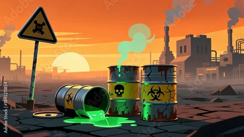 Hazard barrels in warm sunrise wasteland leaking green liquid with warning sign for chemical awareness, safety protocols