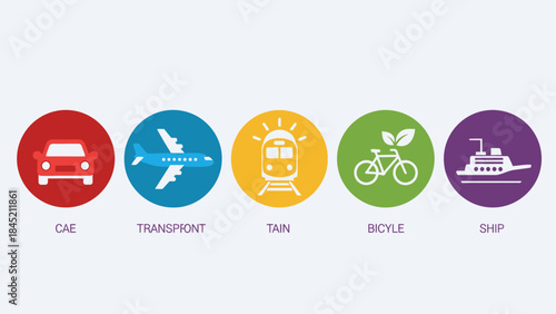 Iconic transportation modes represented by colorful circular symbols including car airplane train