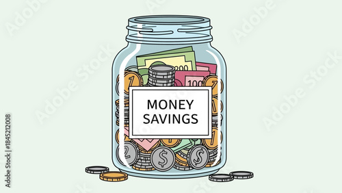 Illustration of a glass jar labeled money savings filled with various currency notes and coins