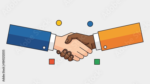 Illustration of a handshake between two individuals with contrasting skin tones symbolizing
