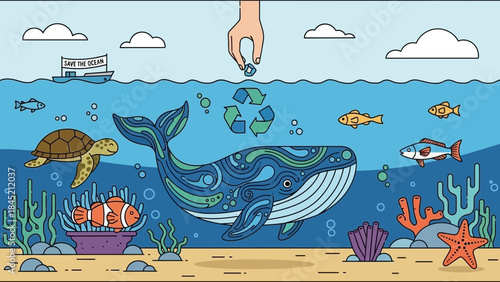 Illustration emphasizing ocean conservation with marine life and recyclables