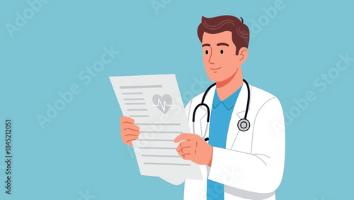 illustration of a healthcare professional reviewing medical documents with a stethoscope on a