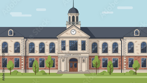 Illustration of a historic college campus building with classic architecture and lush greenery