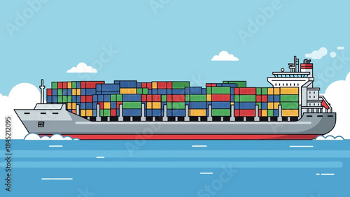 Illustration of a large cargo ship carrying colorful shipping containers navigating through calm