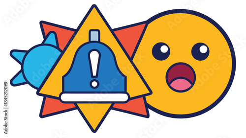 Surprised emoji with alert bell and sunburst graphic, conveying urgent notification
