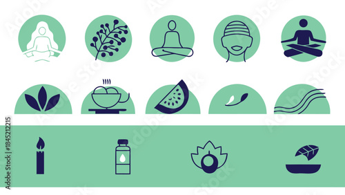 Wellness and mindfulness icons representing meditation, nature, and self-care
