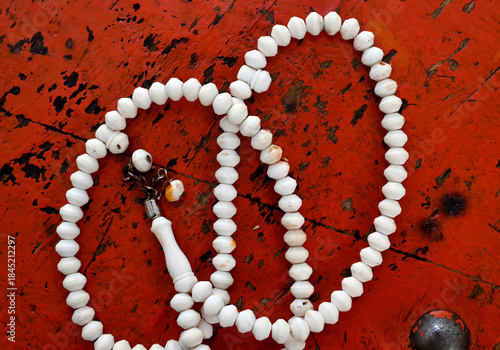 close up of rosary beads, religion theme and concept