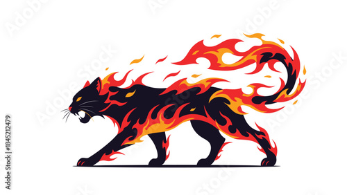 Illustration of a black panther with vibrant orange and red flames engulfing its body, set against a clean white background with a dynamic and fiery mood.