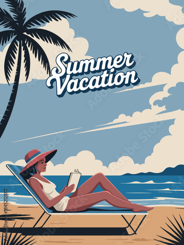 Time to Travel Retro Summer Vacation Poster with Woman on Beach Chaise Lounge