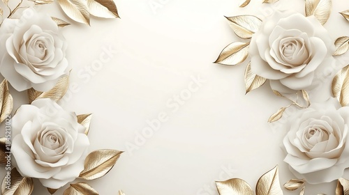 White roses framed with golden leaf details. Elegant wedding or anniversary invitation design.