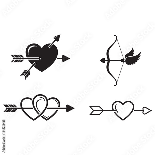 Bundle collection set design cupid arrows and hearts vector icons set silhouette art design illustration