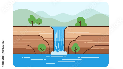 Illustration of a river with waterfall cascading between canyon walls amidst lush green hills and