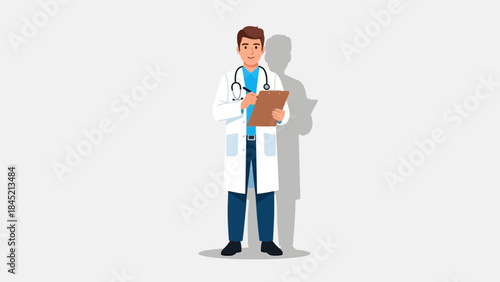 Illustration of a professional medical doctor holding a clipboard and wearing a white coat with