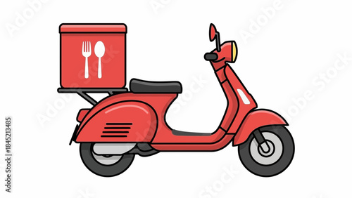 Illustration of a red delivery scooter equipped with a food delivery box featuring utensils for