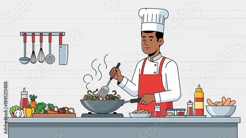 illustration of a professional chef cooking in a modern kitchen with fresh ingredients and