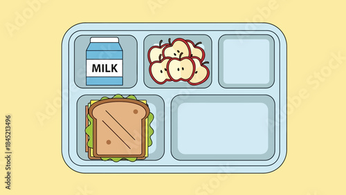 Illustration of a school or hospital cafeteria tray with milk carton, sandwich, and apple slices