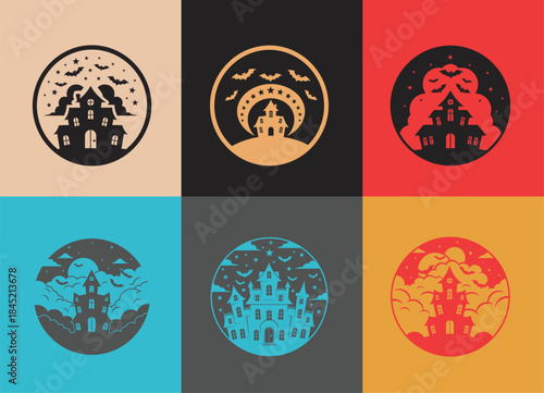 Six variants of an oval emblem featuring nature and architectural silhouettes