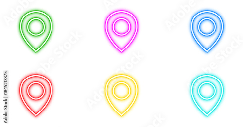 Neon location marker icon vector set. Bright glowing GPS navigation pointer symbols in vibrant pink, blue, red, green, and yellow colors.
