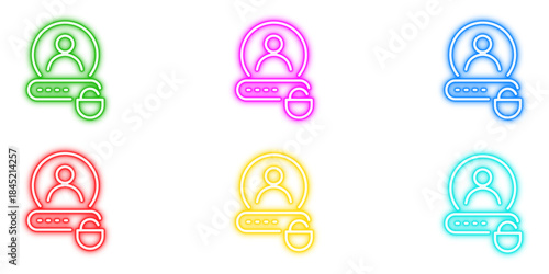 Neon digital access security icons vector set. Bright glowing user profile and password unlock symbols.