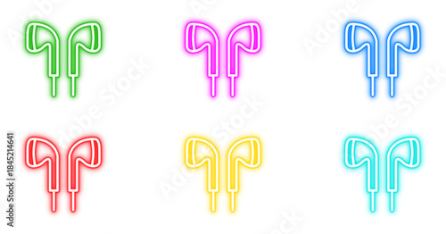 Neon in-ear headphones icons vector set. Bright glowing audio headset, sound transmission, and entertainment technology symbols.