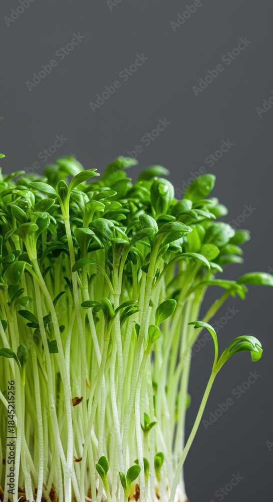 Obraz premium Bright, vibrant green cress sprigs are freshly washed and ready for a healthy salad or garnish, emphasizing organic nutrition, clean, pure, diet